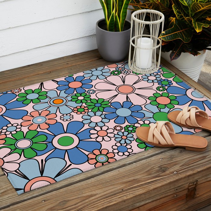 Retro Garden Flowers Groovy Multicolor 60s 70s Floral Pattern Blue Pink Green Outdoor Rug Gallery Image 2