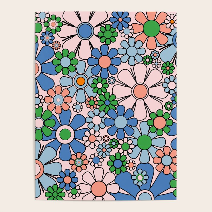 Retro Garden Flowers Groovy Multicolor 60s 70s Floral Pattern Blue Pink Green Poster Gallery Image 1