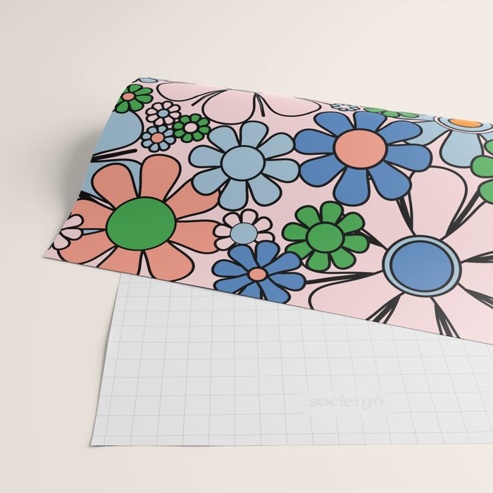 Retro Garden Flowers Groovy Multicolor 60s 70s Floral Pattern Blue Pink Green Wrapping Paper Gallery Image 2