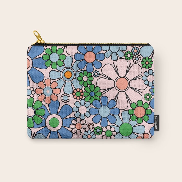 Retro Garden Flowers Groovy Multicolor 60s 70s Floral Pattern Blue Pink Green Carry All Pouch Gallery Image 1
