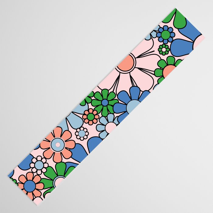 Retro Garden Flowers Groovy Multicolor 60s 70s Floral Pattern Blue Pink Green Table Runner Gallery Image 3