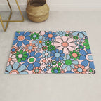 Retro Garden Flowers Groovy Multicolor 60s 70s Floral Pattern Blue Pink Green Rug Gallery Image 1