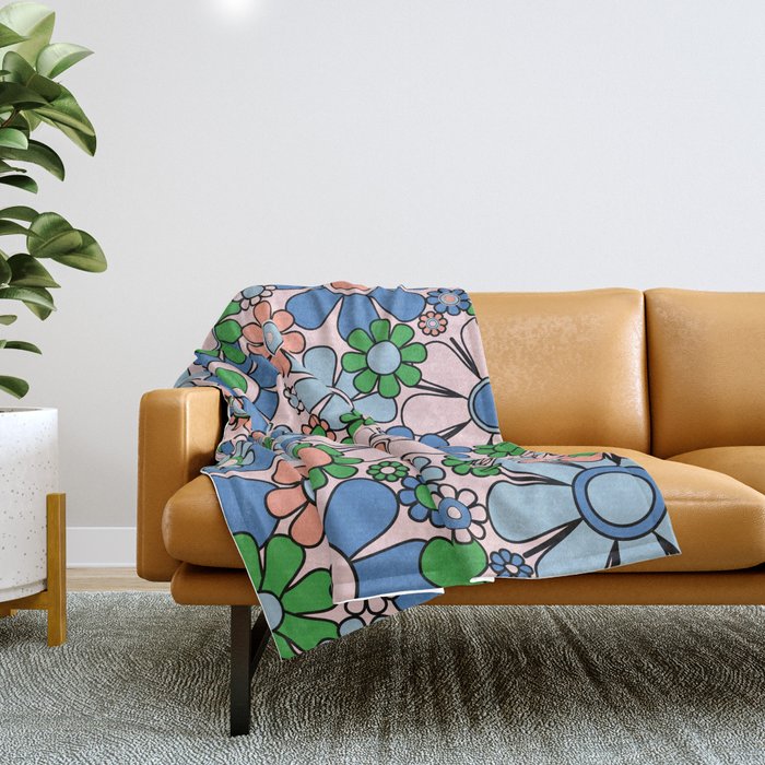 Retro Garden Flowers Groovy Multicolor 60s 70s Floral Pattern Blue Pink Green Throw Blanket Gallery Image 1