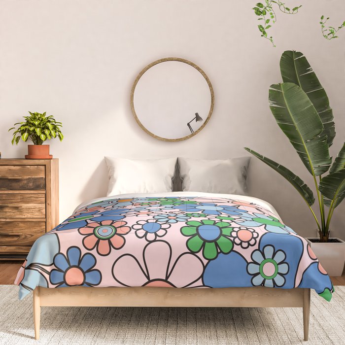 Retro Garden Flowers Groovy Multicolor 60s 70s Floral Pattern Blue Pink Green Comforter Gallery Image 3