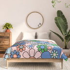 Retro Garden Flowers Groovy Multicolor 60s 70s Floral Pattern Blue Pink Green Comforter Gallery Image 3