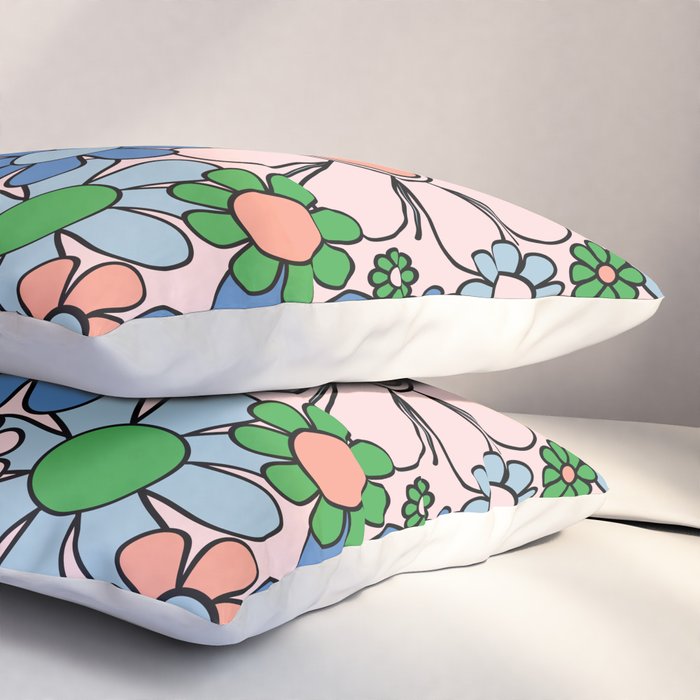 Retro Garden Flowers Groovy Multicolor 60s 70s Floral Pattern Blue Pink Green Pillow Sham Gallery Image 3