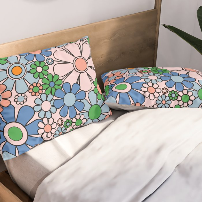 Retro Garden Flowers Groovy Multicolor 60s 70s Floral Pattern Blue Pink Green Pillow Sham Gallery Image 2