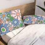 Retro Garden Flowers Groovy Multicolor 60s 70s Floral Pattern Blue Pink Green Pillow Sham Gallery Image 2