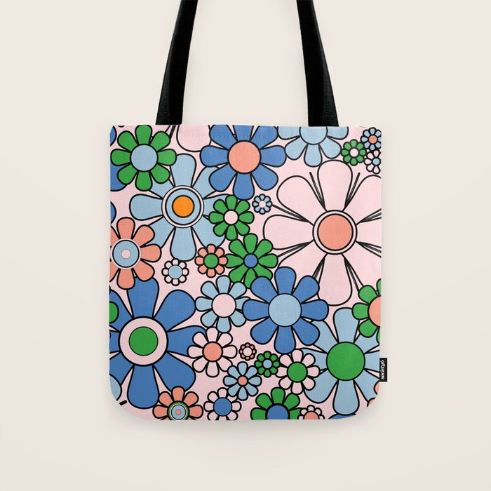 Retro Garden Flowers Groovy Multicolor 60s 70s Floral Pattern Blue Pink Green Tote Bag Gallery Image 1