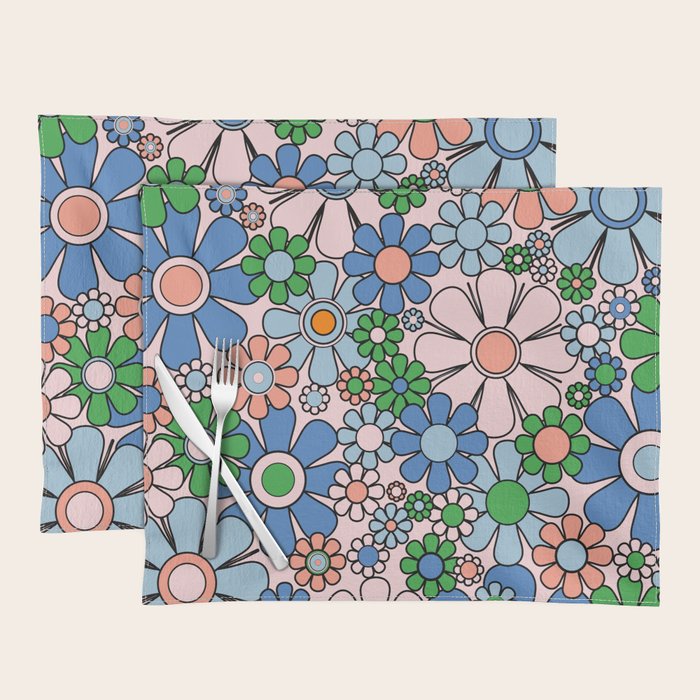 Retro Garden Flowers Groovy Multicolor 60s 70s Floral Pattern Blue Pink Green Placemat Gallery Image 1