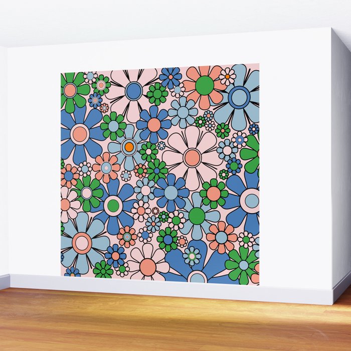 Retro Garden Flowers Groovy Multicolor 60s 70s Floral Pattern Blue Pink Green Wall Mural Gallery Image 2