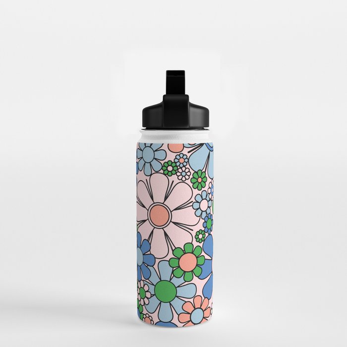 Retro Garden Flowers Groovy Multicolor 60s 70s Floral Pattern Blue Pink Green Water Bottle Gallery Image 2