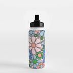 Retro Garden Flowers Groovy Multicolor 60s 70s Floral Pattern Blue Pink Green Water Bottle Gallery Image 2