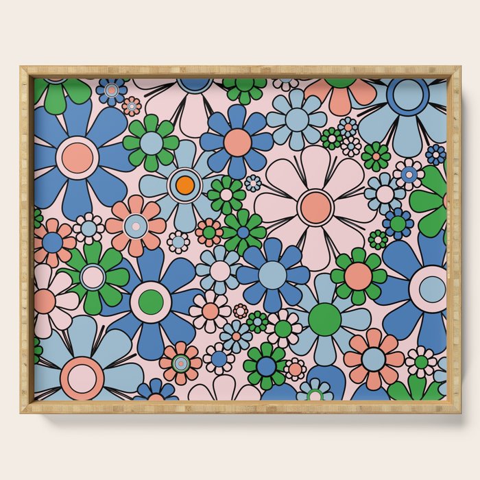 Retro Garden Flowers Groovy Multicolor 60s 70s Floral Pattern Blue Pink Green Serving Tray Gallery Image 1