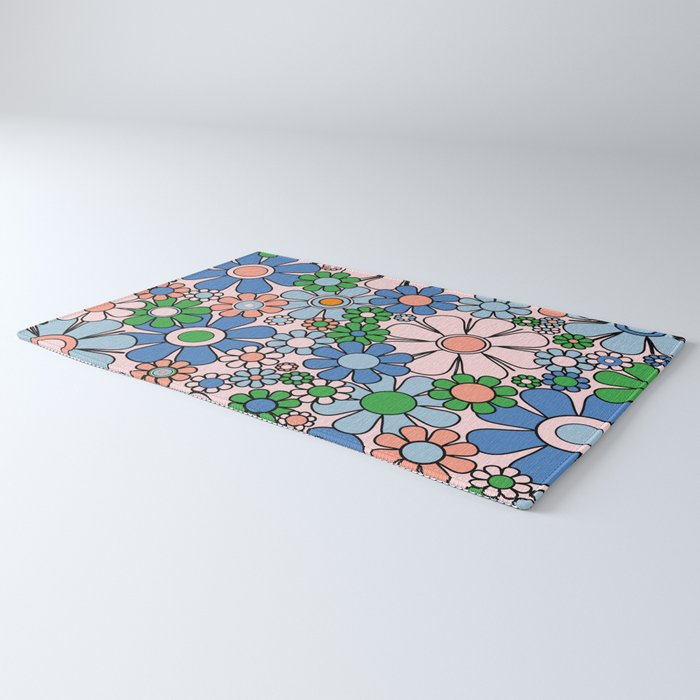 Retro Garden Flowers Groovy Multicolor 60s 70s Floral Pattern Blue Pink Green Rug Gallery Image 3