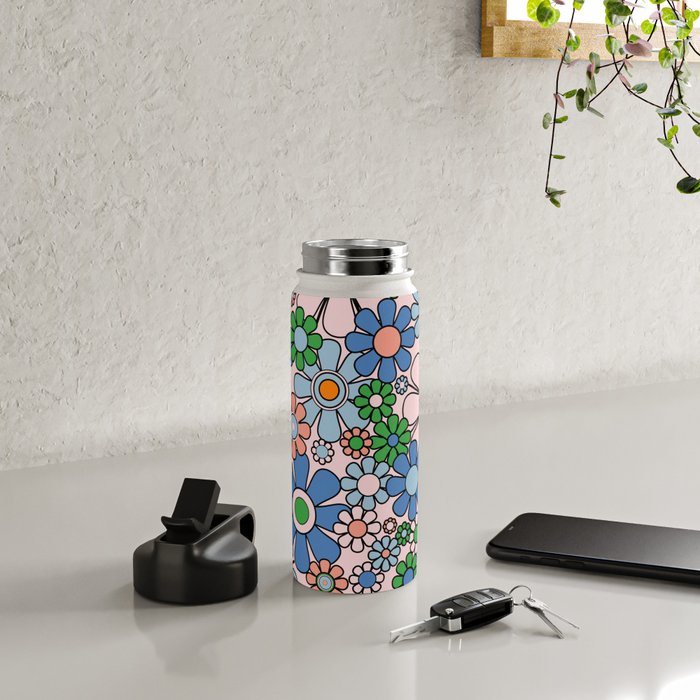Retro Garden Flowers Groovy Multicolor 60s 70s Floral Pattern Blue Pink Green Water Bottle Gallery Image 4
