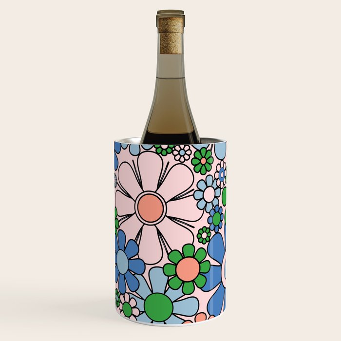 Retro Garden Flowers Groovy Multicolor 60s 70s Floral Pattern Blue Pink Green Wine Chiller Gallery Image 3
