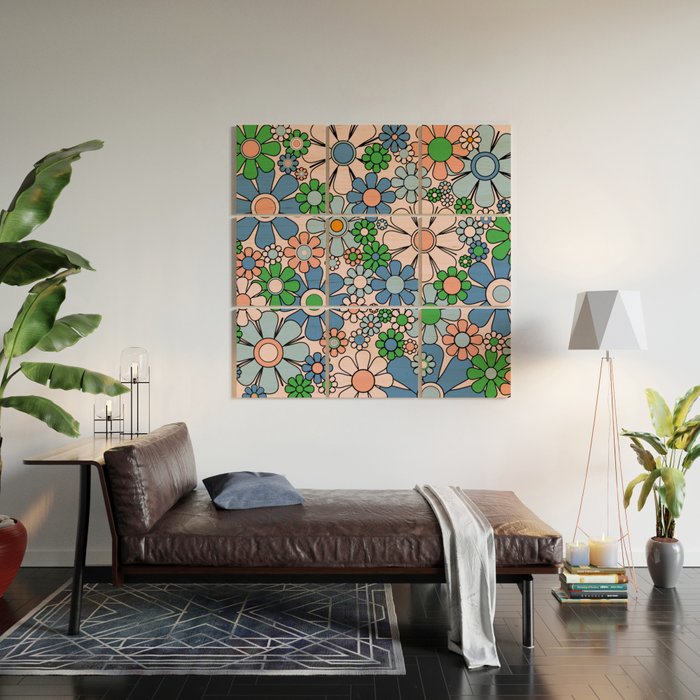 Retro Garden Flowers Groovy Multicolor 60s 70s Floral Pattern Blue Pink Green Wood Wall Art Gallery Image 2