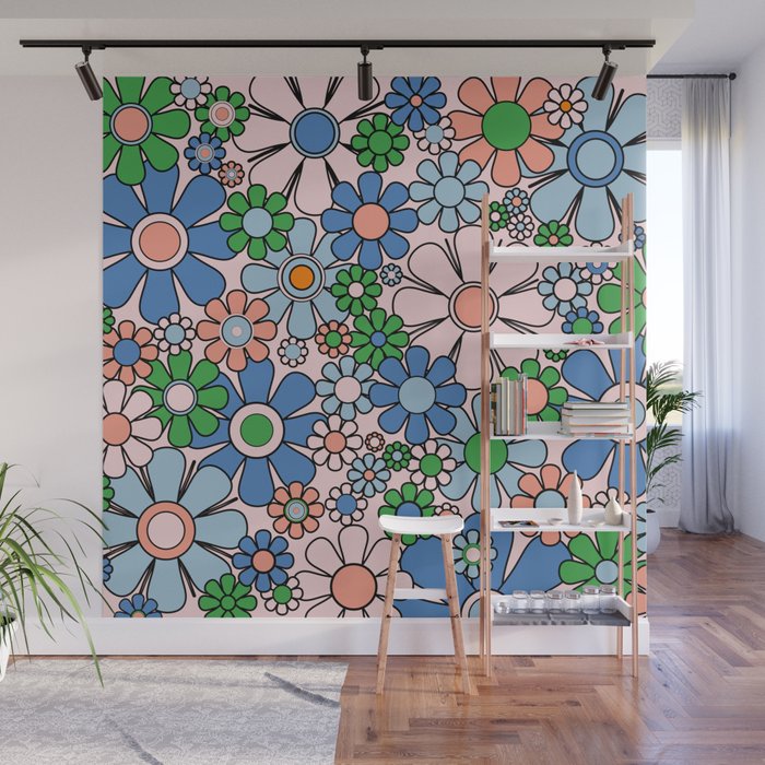 Retro Garden Flowers Groovy Multicolor 60s 70s Floral Pattern Blue Pink Green Wall Mural Gallery Image 1