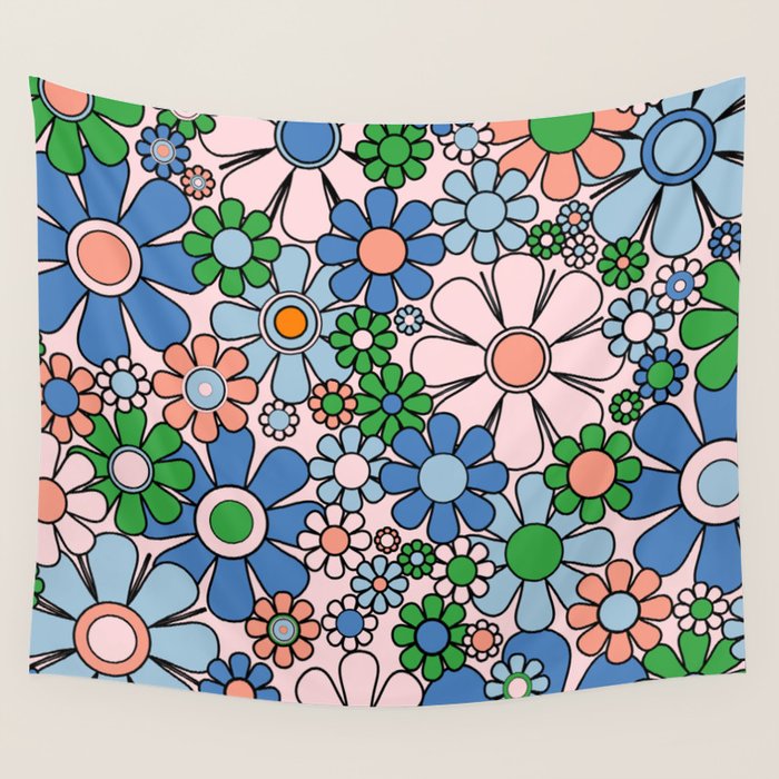 Retro Garden Flowers Groovy Multicolor 60s 70s Floral Pattern Blue Pink Green Wall Tapestry Gallery Image 1