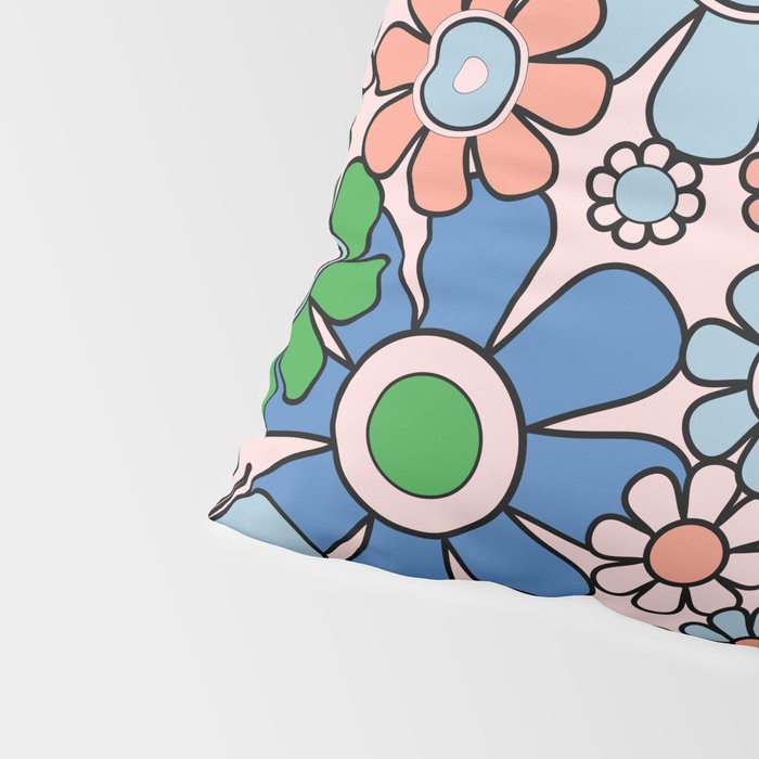 Retro Garden Flowers Groovy Multicolor 60s 70s Floral Pattern Blue Pink Green Pillow Sham Gallery Image 4