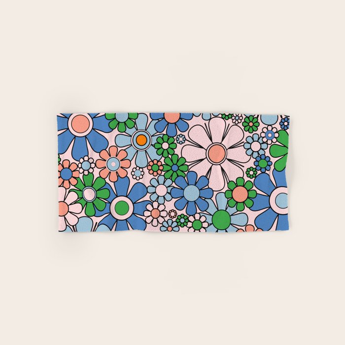 Retro Garden Flowers Groovy Multicolor 60s 70s Floral Pattern Blue Pink Green Bath Towel Gallery Image 1