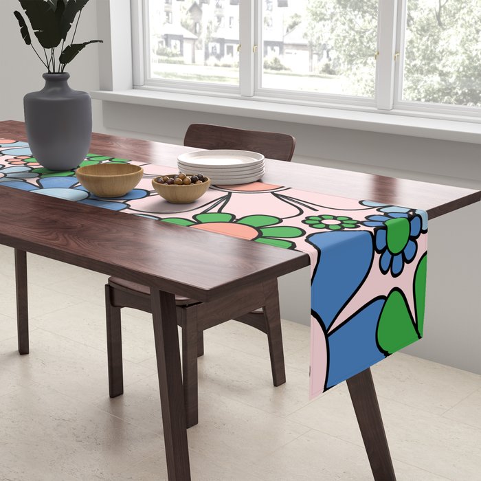 Retro Garden Flowers Groovy Multicolor 60s 70s Floral Pattern Blue Pink Green Table Runner Gallery Image 2