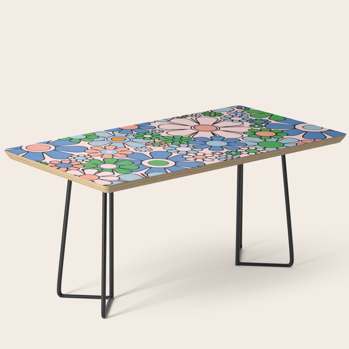 Retro Garden Flowers Groovy Multicolor 60s 70s Floral Pattern Blue Pink Green Coffee Table Gallery Image 1