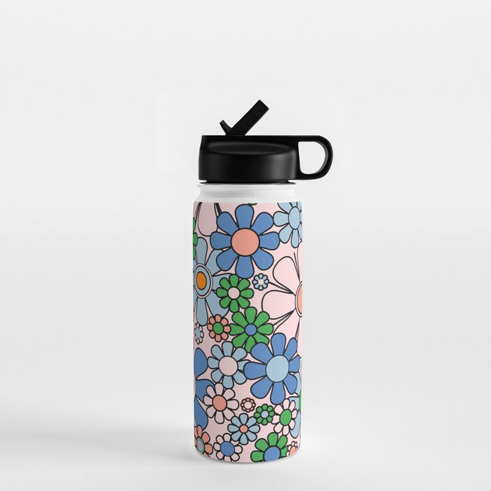 Retro Garden Flowers Groovy Multicolor 60s 70s Floral Pattern Blue Pink Green Water Bottle Gallery Image 1