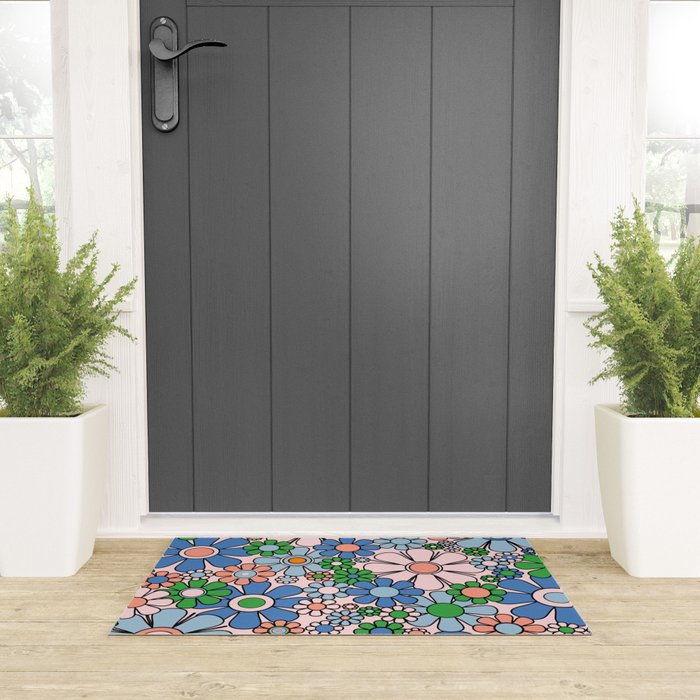 Retro Garden Flowers Groovy Multicolor 60s 70s Floral Pattern Blue Pink Green Welcome Mat Gallery Image 3