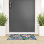 Retro Garden Flowers Groovy Multicolor 60s 70s Floral Pattern Blue Pink Green Welcome Mat Gallery Image 3