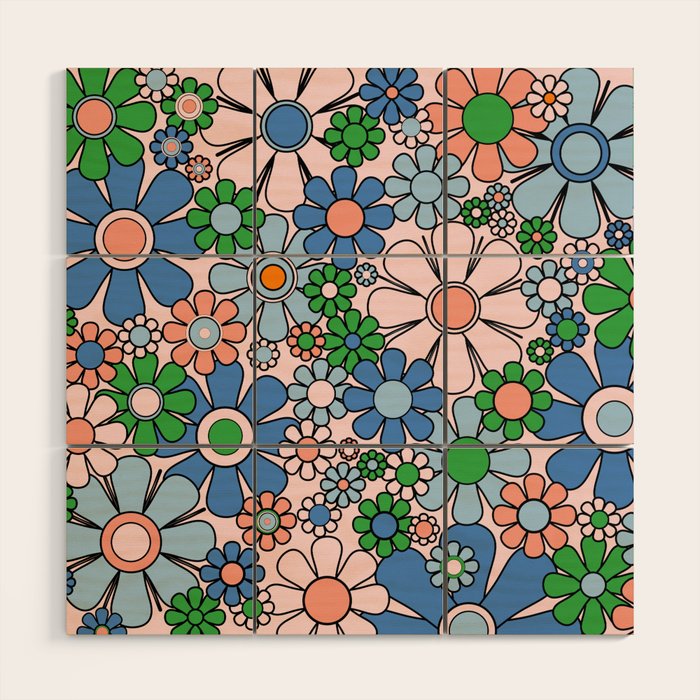 Retro Garden Flowers Groovy Multicolor 60s 70s Floral Pattern Blue Pink Green Wood Wall Art Gallery Image 1