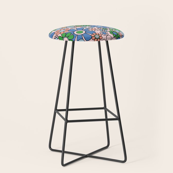 Retro Garden Flowers Groovy Multicolor 60s 70s Floral Pattern Blue Pink Green Stool Gallery Image 1