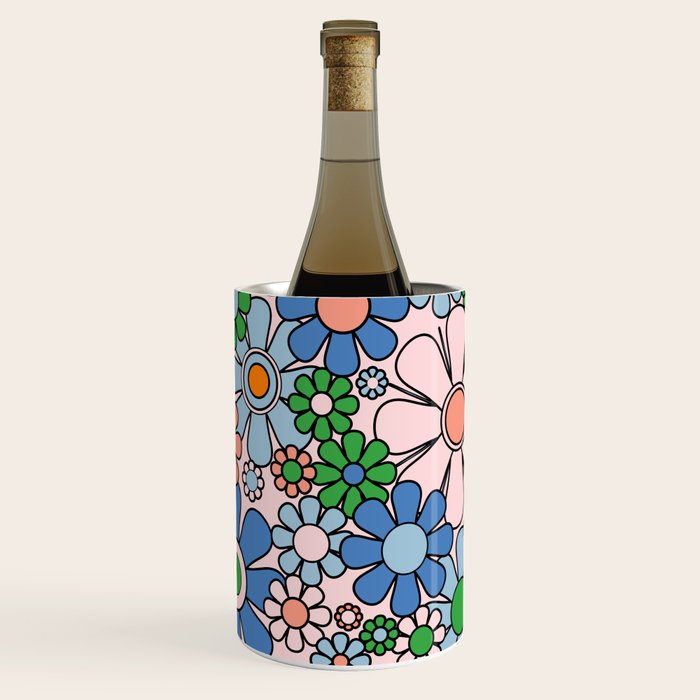 Retro Garden Flowers Groovy Multicolor 60s 70s Floral Pattern Blue Pink Green Wine Chiller Gallery Image 1