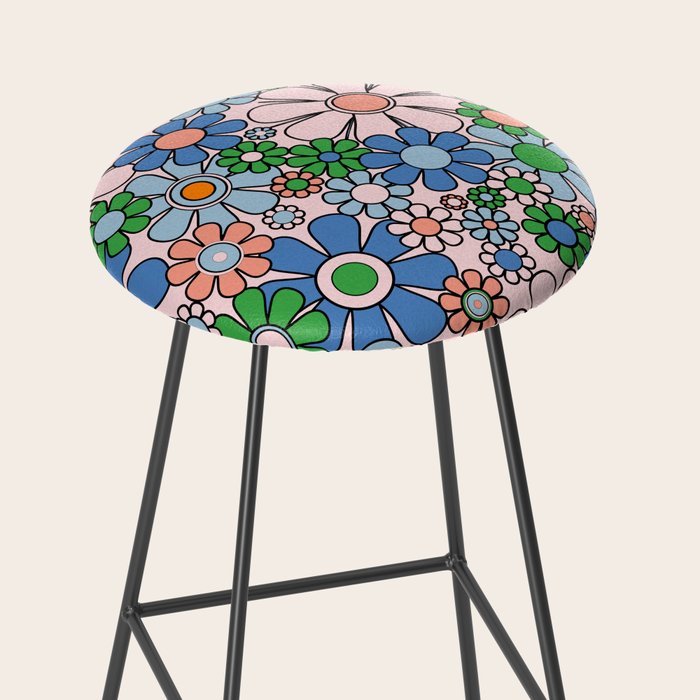 Retro Garden Flowers Groovy Multicolor 60s 70s Floral Pattern Blue Pink Green Stool Gallery Image 2