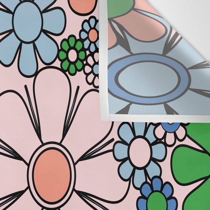 Retro Garden Flowers Groovy Multicolor 60s 70s Floral Pattern Blue Pink Green Wall Tapestry Gallery Image 3
