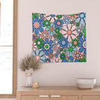 Retro Garden Flowers Groovy Multicolor 60s 70s Floral Pattern Blue Pink Green Wall Tapestry Gallery Image 2