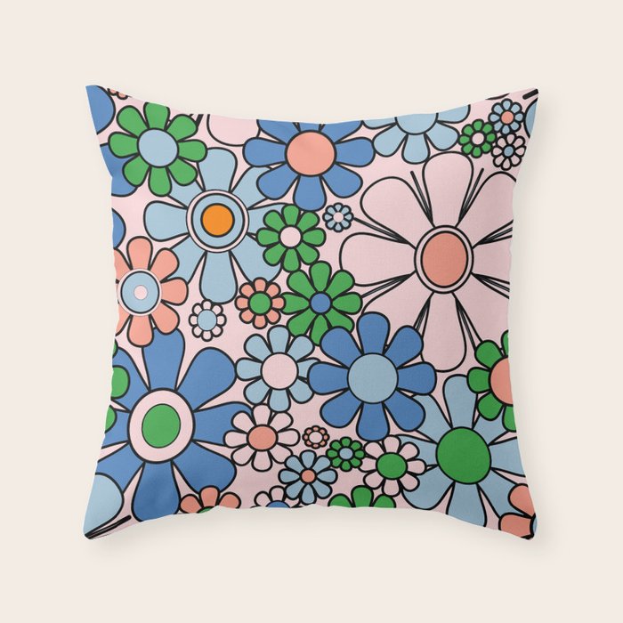 Retro Garden Flowers Groovy Multicolor 60s 70s Floral Pattern Blue Pink Green Throw Pillow Gallery Image 6