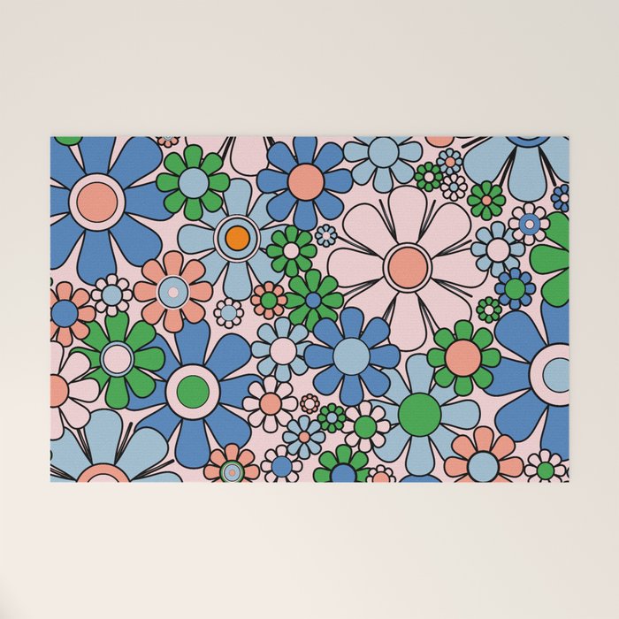 Retro Garden Flowers Groovy Multicolor 60s 70s Floral Pattern Blue Pink Green Welcome Mat Gallery Image 1