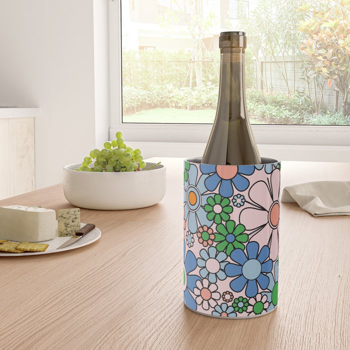 Retro Garden Flowers Groovy Multicolor 60s 70s Floral Pattern Blue Pink Green Wine Chiller Gallery Image 4