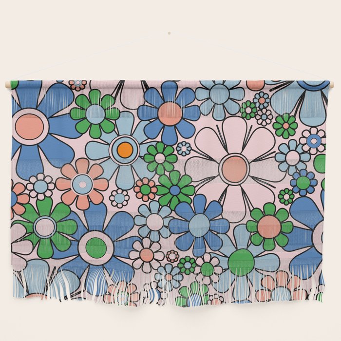 Retro Garden Flowers Groovy Multicolor 60s 70s Floral Pattern Blue Pink Green Wall Hanging Gallery Image 1