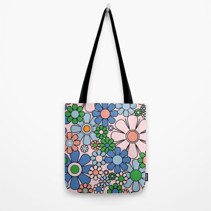Retro Garden Flowers Groovy Multicolor 60s 70s Floral Pattern Blue Pink Green Tote Bag Gallery Image 2