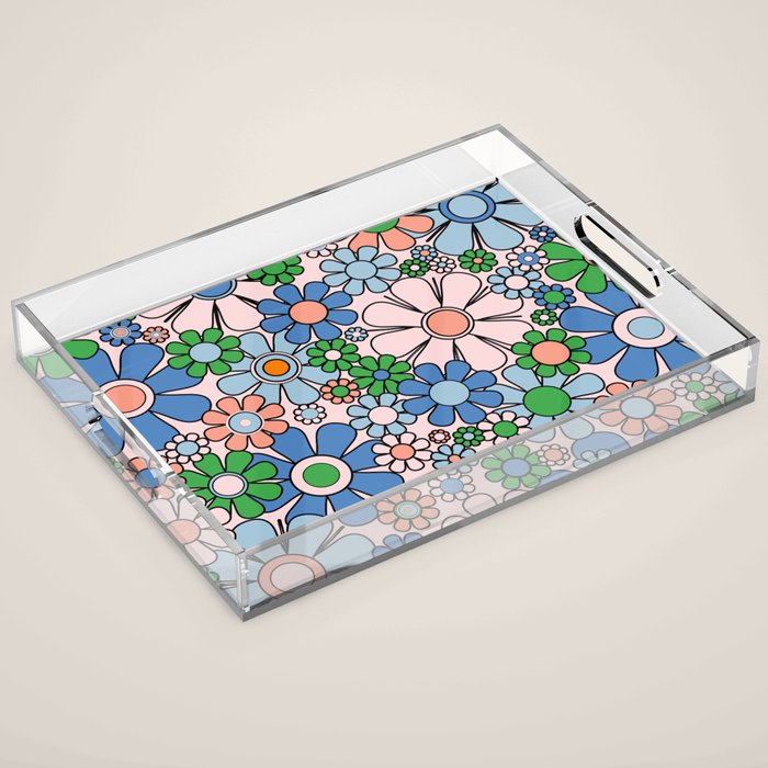 Retro Garden Flowers Groovy Multicolor 60s 70s Floral Pattern Blue Pink Green Acrylic Tray Gallery Image 1