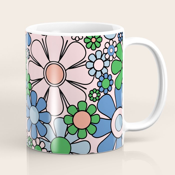 Retro Garden Flowers Groovy Multicolor 60s 70s Floral Pattern Blue Pink Green Coffee Mug Gallery Image 1