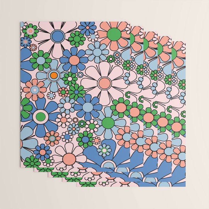 Retro Garden Flowers Groovy Multicolor 60s 70s Floral Pattern Blue Pink Green Wrapping Paper Gallery Image 3
