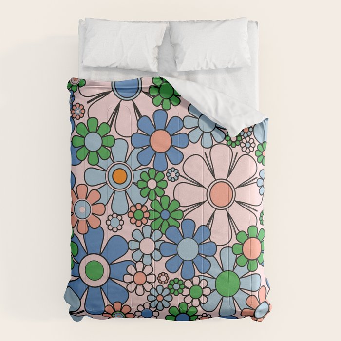 Retro Garden Flowers Groovy Multicolor 60s 70s Floral Pattern Blue Pink Green Comforter Gallery Image 6