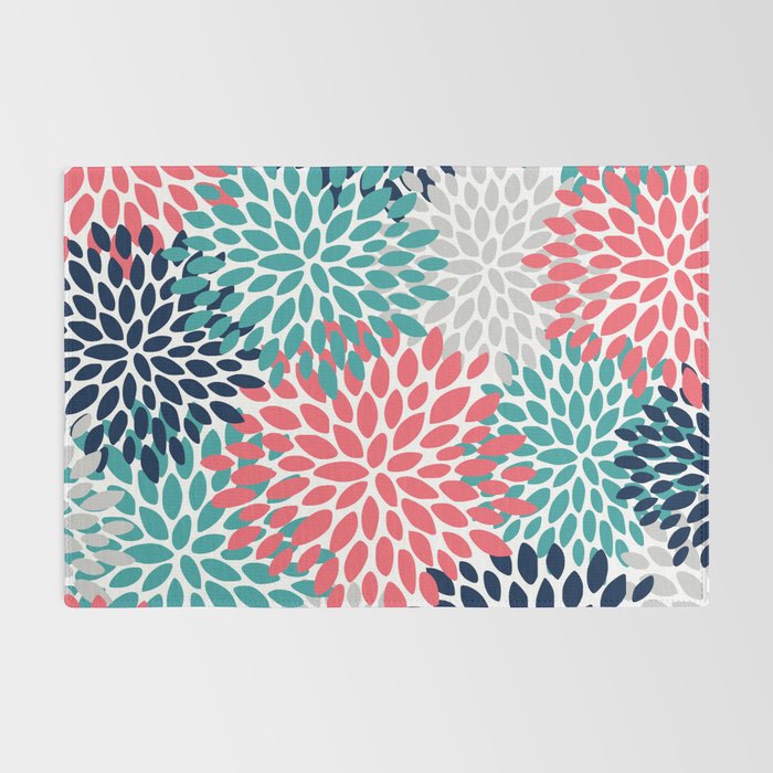 Floral Blooms, Coral Pink, Navy, Teal, Gray Rug Gallery Image 2