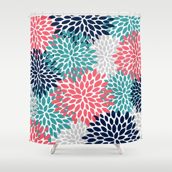 Floral Blooms, Coral Pink, Navy, Teal, Gray Shower Curtain Gallery Image 1