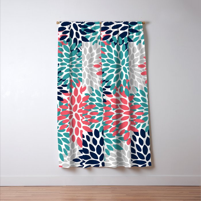 Floral Blooms, Coral Pink, Navy, Teal, Gray Window Curtain Gallery Image 3