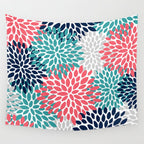Floral Blooms, Coral Pink, Navy, Teal, Gray Wall Tapestry Gallery Image 4